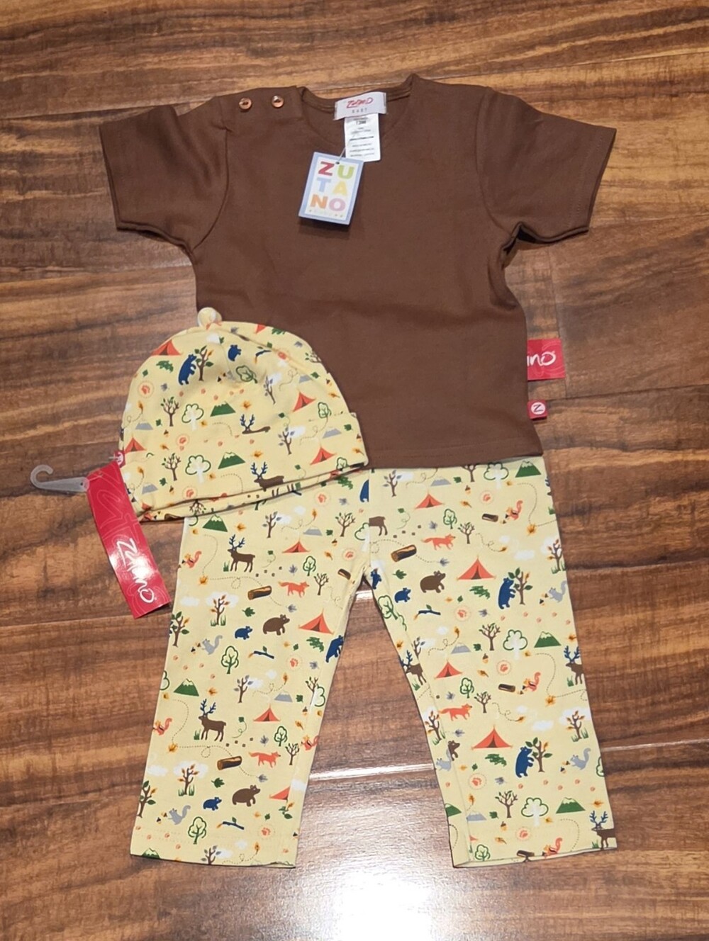 Zutano NWT 12 Months Forest Camping Print Pants, Brown Tee and Hat Set